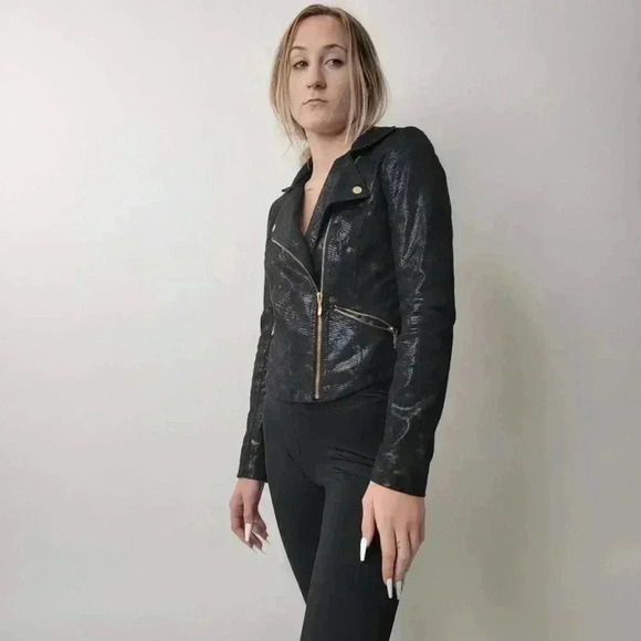 Rock & Republic Metallic Snake Skin Vegan Leather Moto Jacket - S - Picture 8 of 11